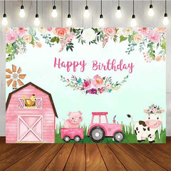 Aperturee - Aperturee Pink Farm Animals Happy Birthday Backdrop for Girls Barnyard Cow and Pig with Tractor Floral Party Photo Prop