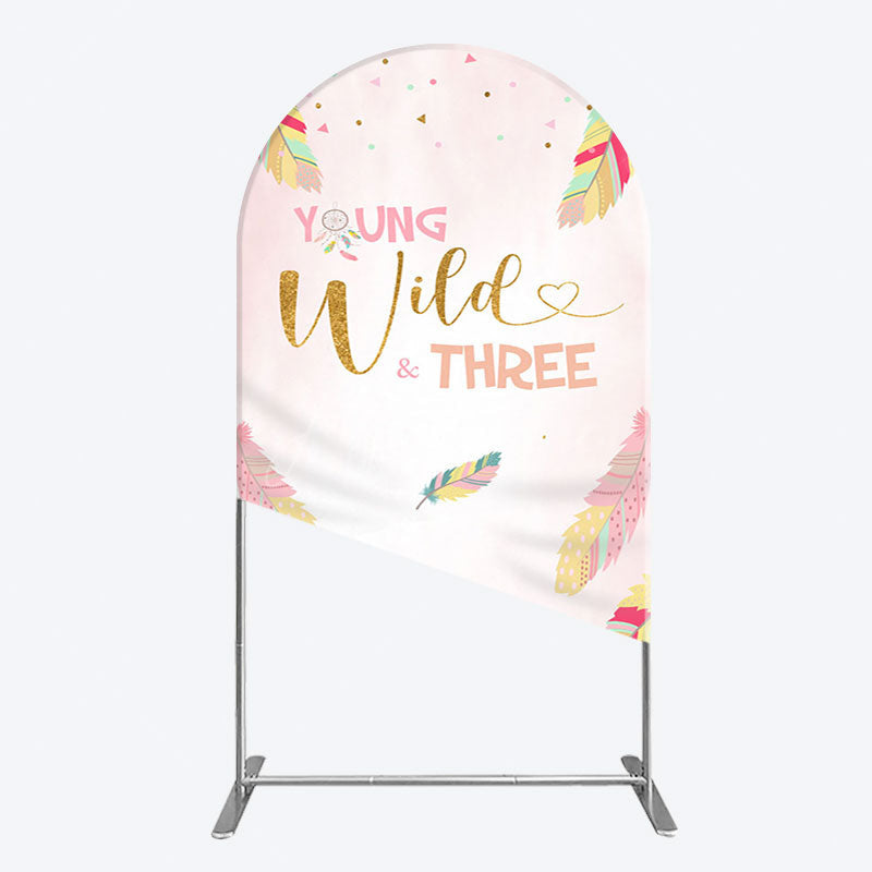Aperturee - Aperturee Pink Feather Young Wild Three Birthday Arch Backdrop