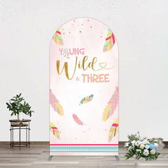 Aperturee - Aperturee Pink Feather Young Wild Three Birthday Arch Backdrop