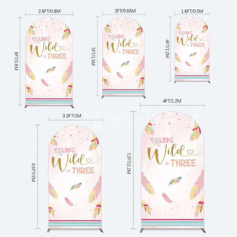 Aperturee - Aperturee Pink Feather Young Wild Three Birthday Arch Backdrop