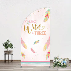 Aperturee - Aperturee Pink Feather Young Wild Three Birthday Half Moon Arch Backdrop