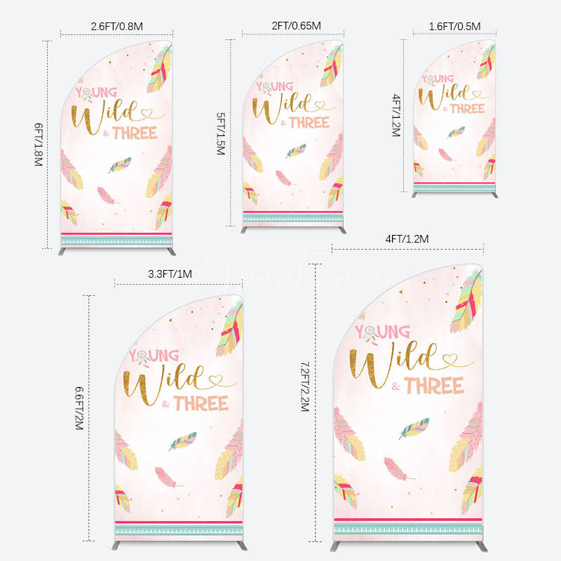 Aperturee - Aperturee Pink Feather Young Wild Three Birthday Half Moon Arch Backdrop
