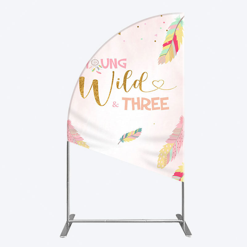 Aperturee - Aperturee Pink Feather Young Wild Three Birthday Half Moon Arch Backdrop