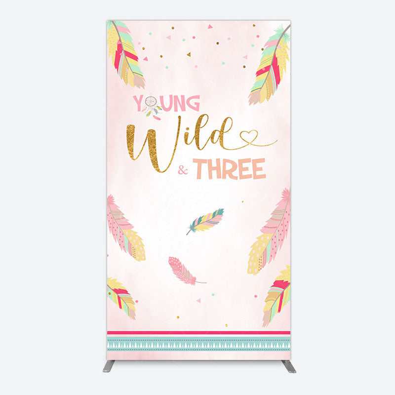 Aperturee - Aperturee Pink Feather Young Wild Three Birthday Rectangle Backdrop