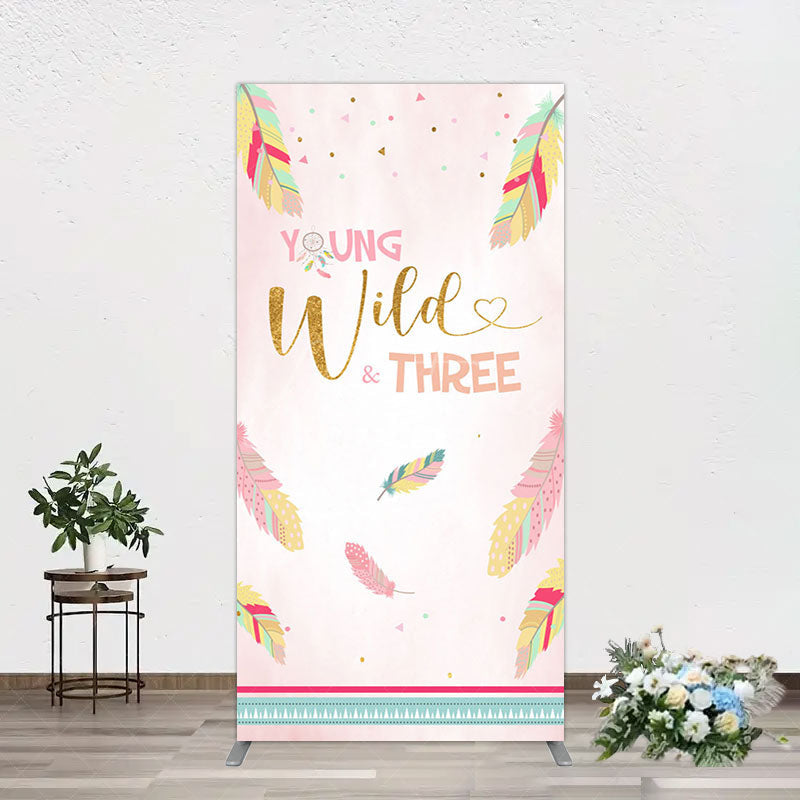 Aperturee - Aperturee Pink Feather Young Wild Three Birthday Rectangle Backdrop