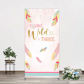 Aperturee - Aperturee Pink Feather Young Wild Three Birthday Rectangle Backdrop