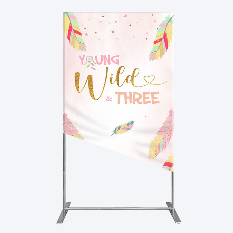 Aperturee - Aperturee Pink Feather Young Wild Three Birthday Rectangle Backdrop