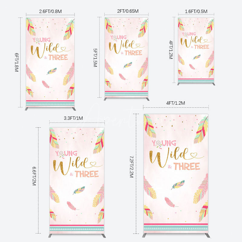 Aperturee - Aperturee Pink Feather Young Wild Three Birthday Rectangle Backdrop