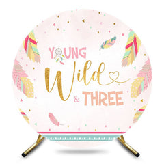 Aperturee - Aperturee Pink Feather Young Wild Three Birthday Round Backdrop