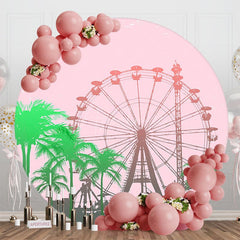 Aperturee - Aperturee Pink Ferris Wheel Palm Trees Round Birthday Backdrop