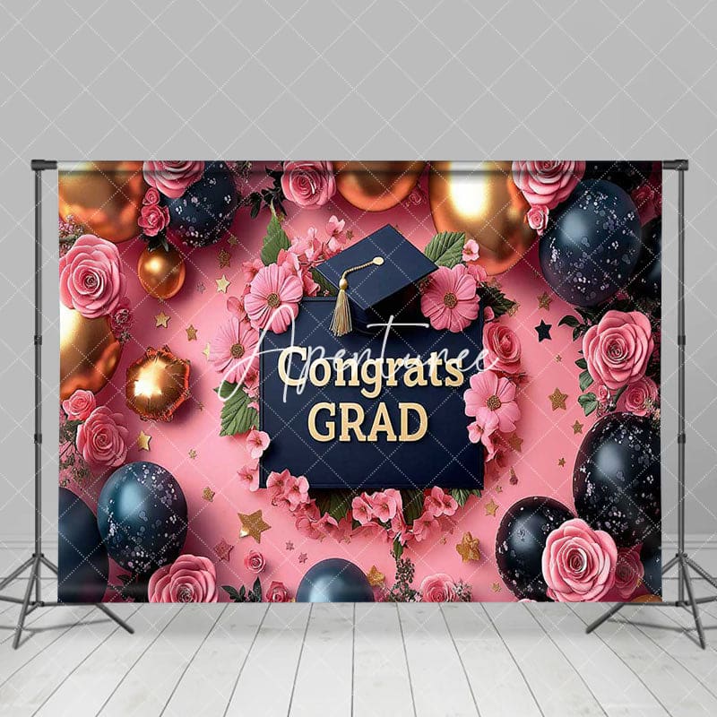 Aperturee - Aperturee Pink Fine Art Floral Balloons Congrats Grad Backdrop