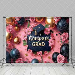 Aperturee - Aperturee Pink Fine Art Floral Balloons Congrats Grad Backdrop