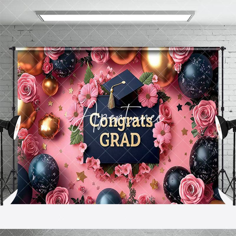 Aperturee - Aperturee Pink Fine Art Floral Balloons Congrats Grad Backdrop
