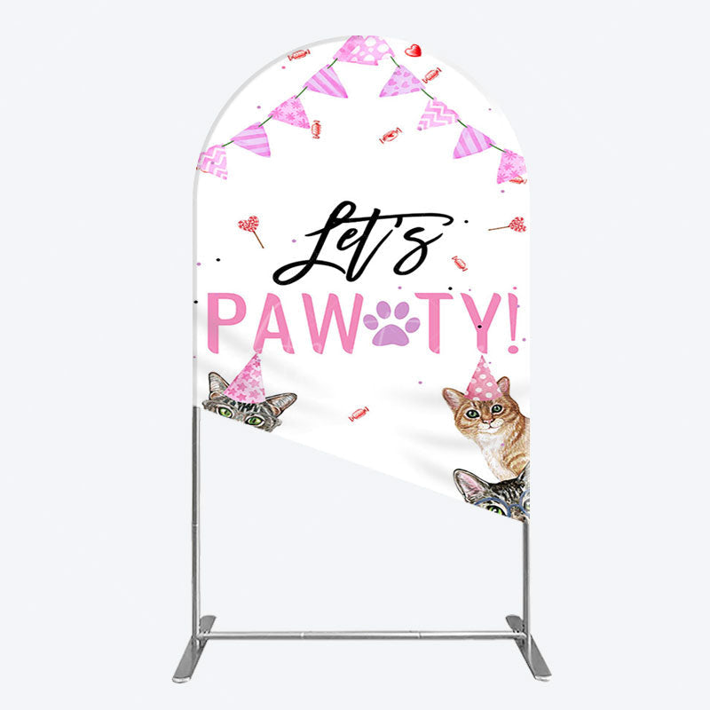 Aperturee - Aperturee Pink Flag Ribbons Lets Pawty Cute Cats Arch Backdrop
