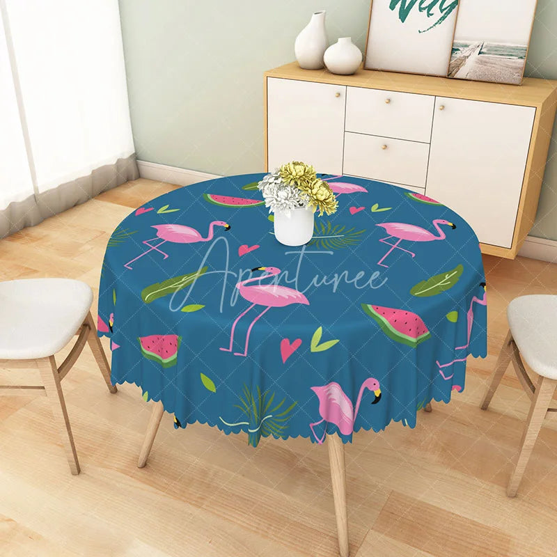 Aperturee - Aperturee Pink Flamingo and Watermelon Round Tablecloth Tropical Summer Party Dining Decor