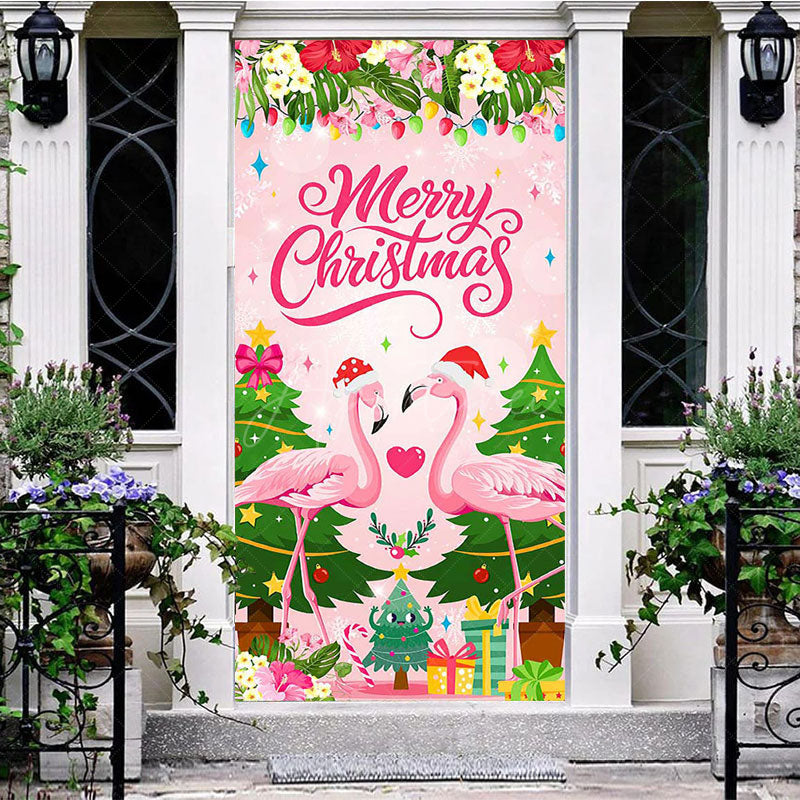 Aperturee Aperturee Pink Flamingo Floral Merry Christmas Door Cover
