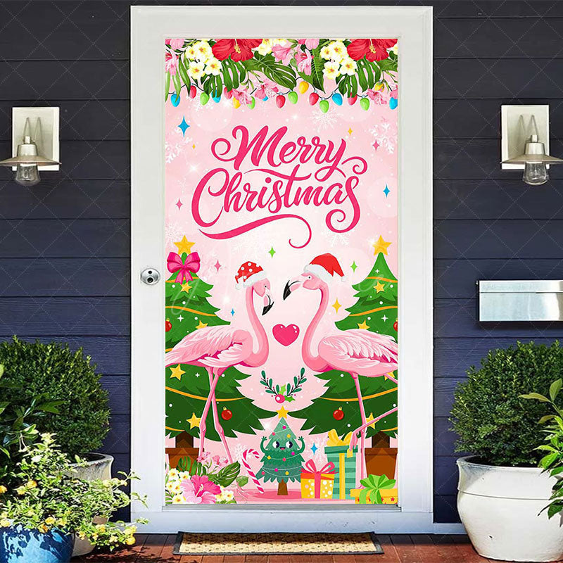 Aperturee Aperturee Pink Flamingo Floral Merry Christmas Door Cover