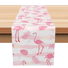 Aperturee - Aperturee Pink Flamingo Hawaiian Table Runner Fresh Summer Tropical Decor with Palm Leaves Luau or Birthday Party Decor