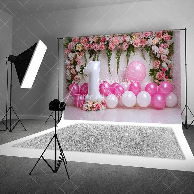 Aperturee - Aperturee Pink Floral and Balloon First Birthday Photography Backdrop Elegant Floral Party Decor