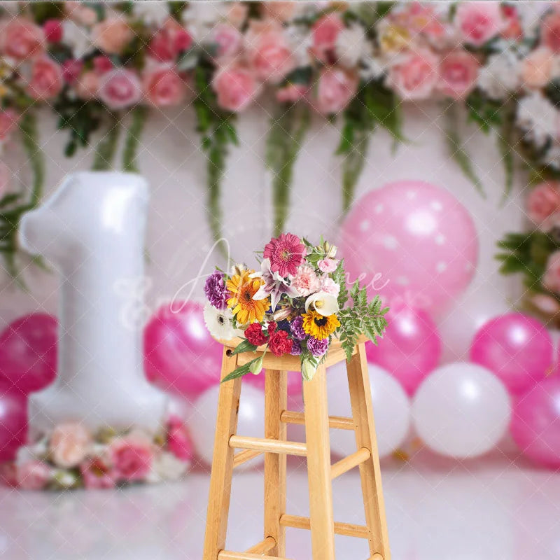 Aperturee - Aperturee Pink Floral and Balloon First Birthday Photography Backdrop Elegant Floral Party Decor