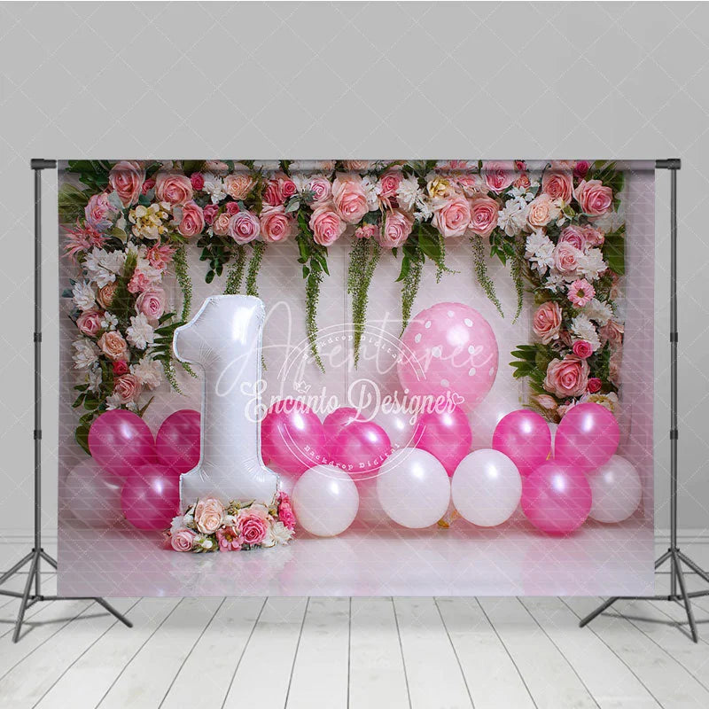 Aperturee - Aperturee Pink Floral and Balloon First Birthday Photography Backdrop Elegant Floral Party Decor