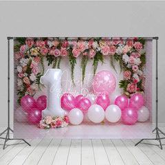 Aperturee - Aperturee Pink Floral and Balloon First Birthday Photography Backdrop Elegant Floral Party Decor