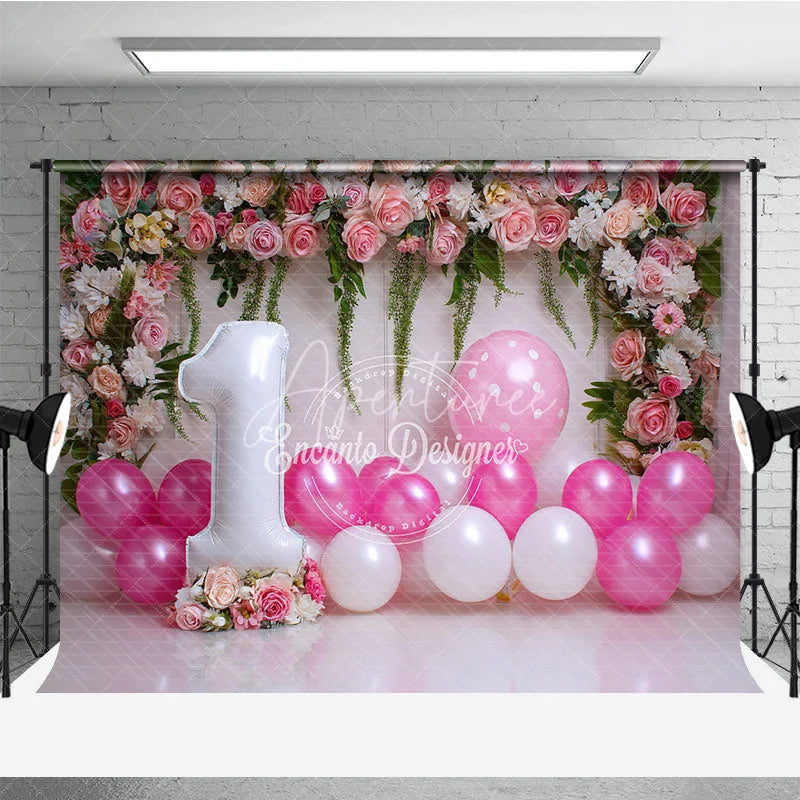Aperturee - Aperturee Pink Floral and Balloon First Birthday Photography Backdrop Elegant Floral Party Decor