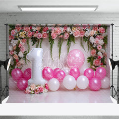 Aperturee - Aperturee Pink Floral and Balloon First Birthday Photography Backdrop Elegant Floral Party Decor