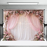 Aperturee - Aperturee Pink Floral Arch and Sheer Drapes Photography Backdrop with Twinkling Fairy Lights Romantic Wedding Party Decor