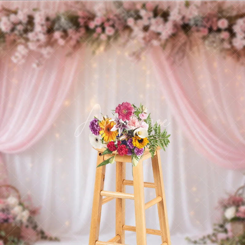 Aperturee - Aperturee Pink Floral Arch and Sheer Drapes Photography Backdrop with Twinkling Fairy Lights Romantic Wedding Party Decor