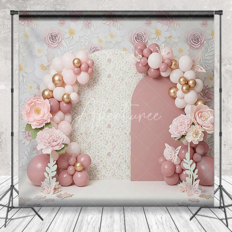 Aperturee - Aperturee Pink Floral Arch Backdrop Pastel Balloon and Rose Flower Garden Photography Background for Girls Baby Shower