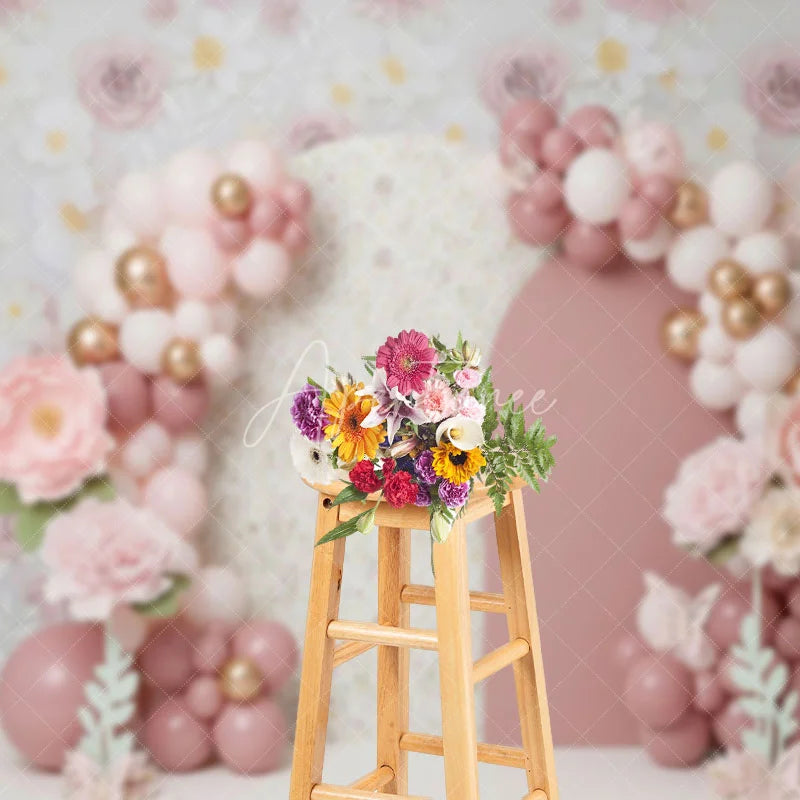 Aperturee - Aperturee Pink Floral Arch Backdrop Pastel Balloon and Rose Flower Garden Photography Background for Girls Baby Shower