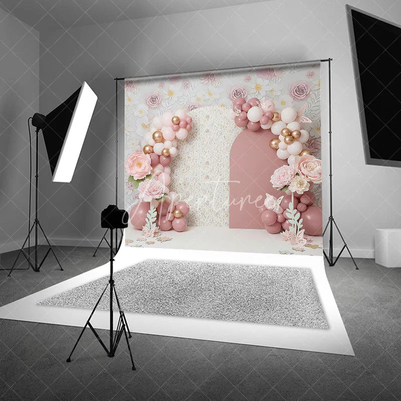 Aperturee - Aperturee Pink Floral Arch Backdrop Pastel Balloon and Rose Flower Garden Photography Background for Girls Baby Shower