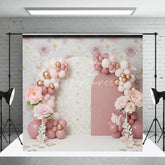 Aperturee - Aperturee Pink Floral Arch Backdrop Pastel Balloon and Rose Flower Garden Photography Background for Girls Baby Shower