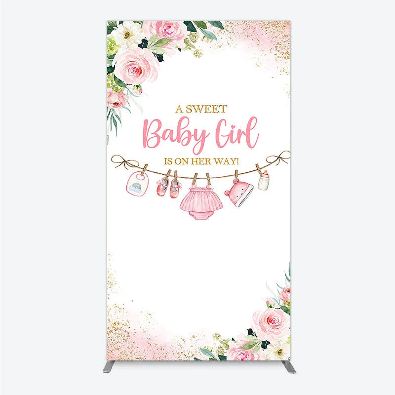 Aperturee - Aperturee Pink Floral Baby Girl Is On Her Way Rectangle Arch Backdrop Sweet Clothesline Design for Shower Party