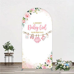 Aperturee - Aperturee Pink Floral Baby Girl Is On Her Way Round Top Arch Backdrop with Baby Clothesline and Golden Glitter