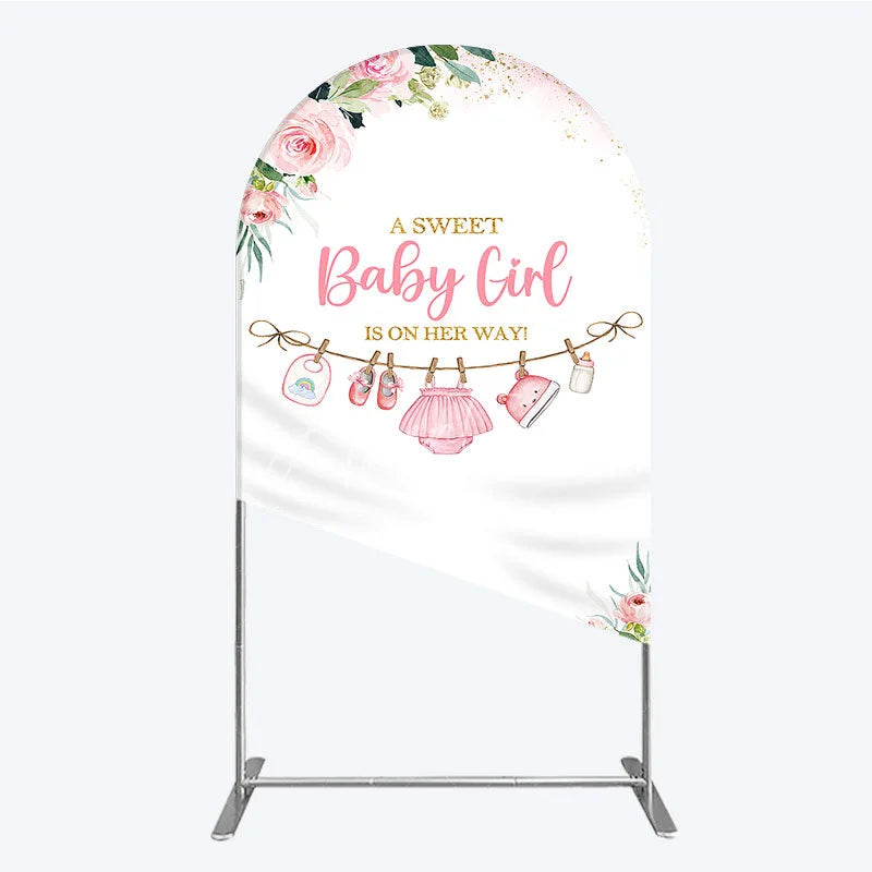 Aperturee - Aperturee Pink Floral Baby Girl Is On Her Way Round Top Arch Backdrop with Baby Clothesline and Golden Glitter