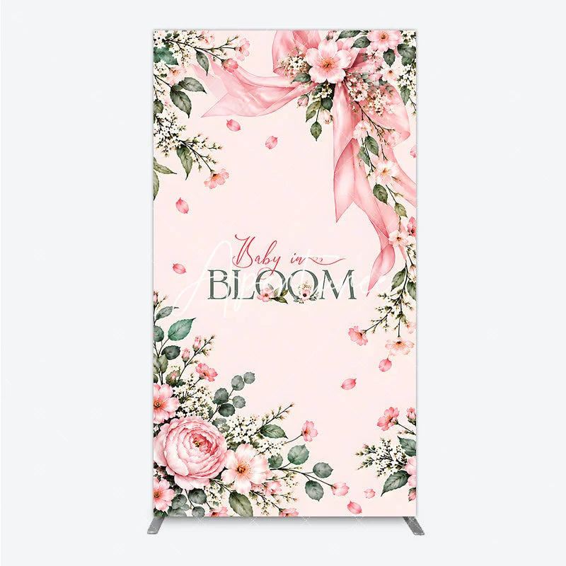 Aperturee - Aperturee Pink Floral Baby in Bloom Rectangle Arch Backdrop with Ribbon and Falling Petals Baby Shower Birthday Party Decor