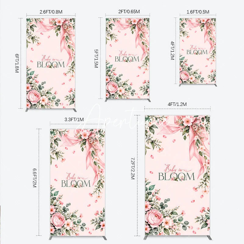 Aperturee - Aperturee Pink Floral Baby in Bloom Rectangle Arch Backdrop with Ribbon and Falling Petals Baby Shower Birthday Party Decor