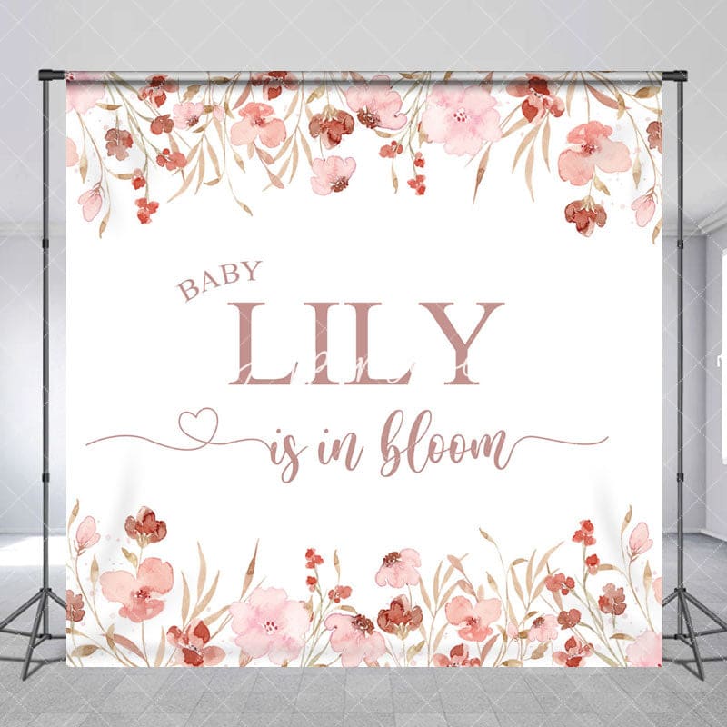 Aperturee - Aperturee Pink Floral Baby Is In Bloom Custom Name Backdrop