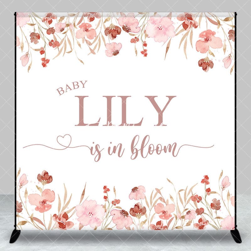 Aperturee - Aperturee Pink Floral Baby Is In Bloom Custom Name Backdrop