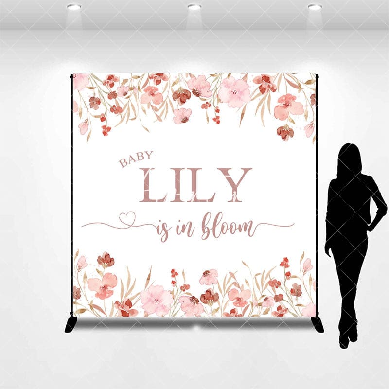 Aperturee - Aperturee Pink Floral Baby Is In Bloom Custom Name Backdrop
