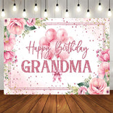 Aperturee - Aperturee Pink Floral Balloons Grandma Happy Birthday Backdrop