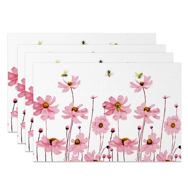 Aperturee - Aperturee Pink Floral Bees Fresh Spring Set of 4 Placemats