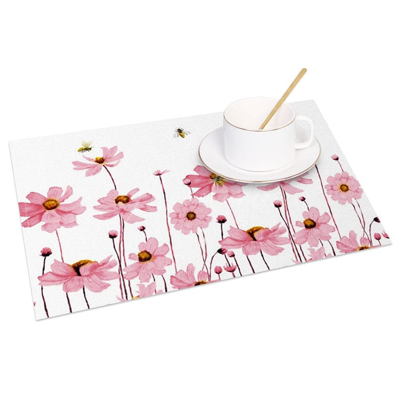 Aperturee - Aperturee Pink Floral Bees Fresh Spring Set of 4 Placemats