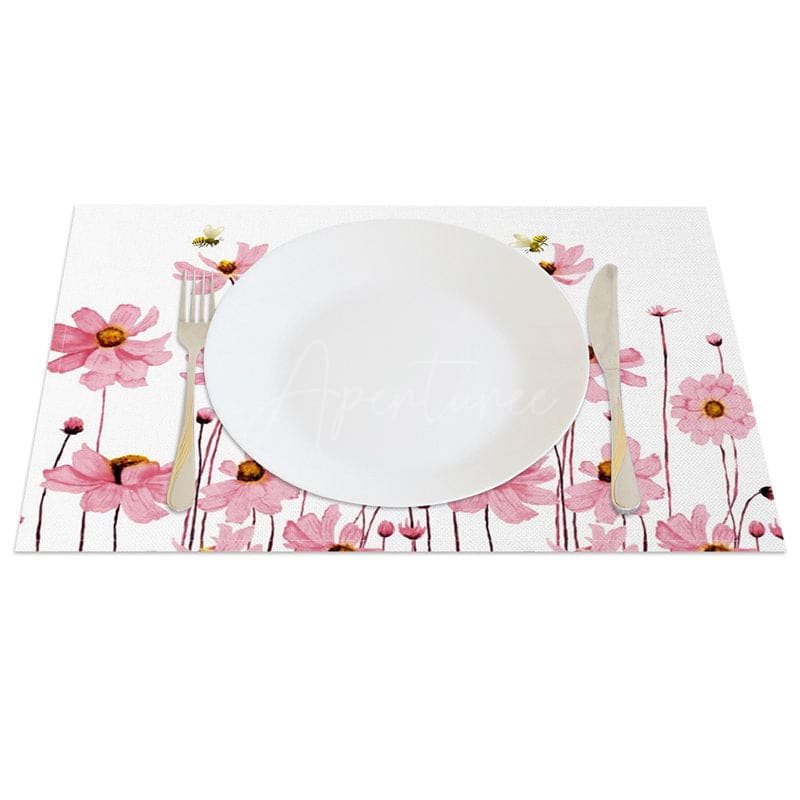 Aperturee - Aperturee Pink Floral Bees Fresh Spring Set of 4 Placemats
