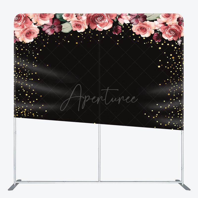 Aperturee - Aperturee Pink Floral Black Gold Glitter Pillow Case Backdrop