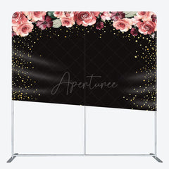 Aperturee - Aperturee Pink Floral Black Gold Glitter Pillow Case Backdrop