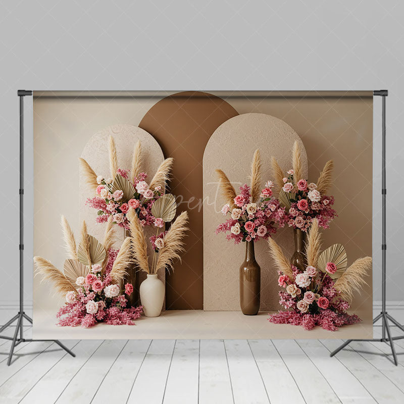 Aperturee - Aperturee Pink Floral Boho Feather Wedding Photography Backdrop
