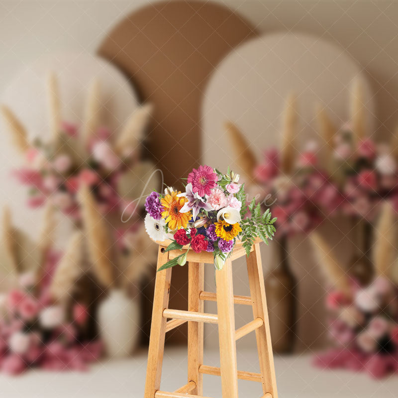 Aperturee - Aperturee Pink Floral Boho Feather Wedding Photography Backdrop